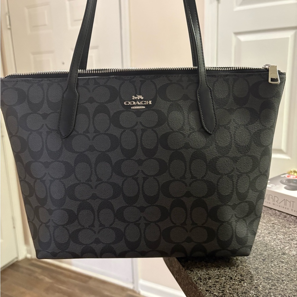 Coach Black Monogram Tote with Leather Trim